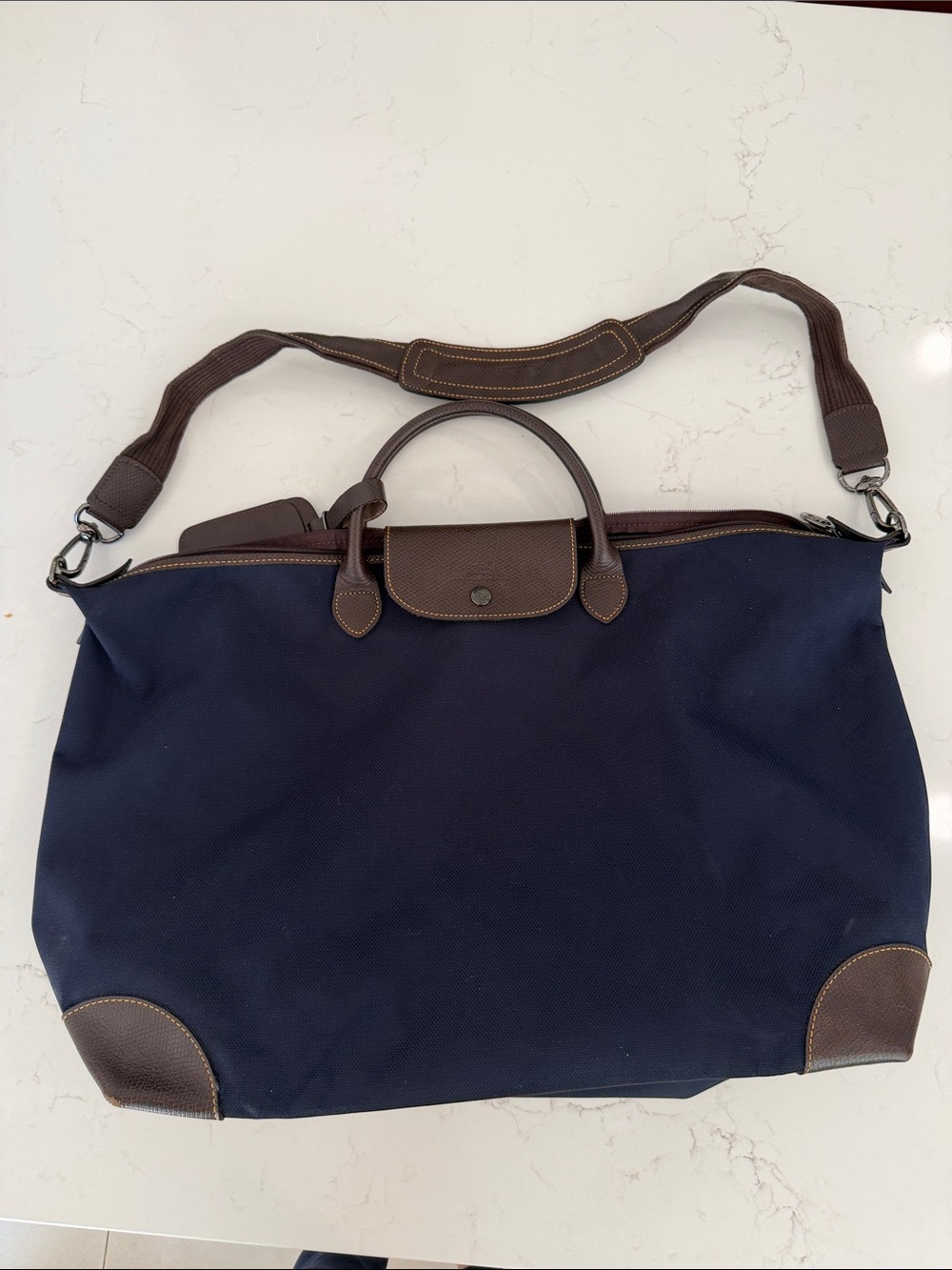 Classic Longchamp Navy and Brown Weekender Bag